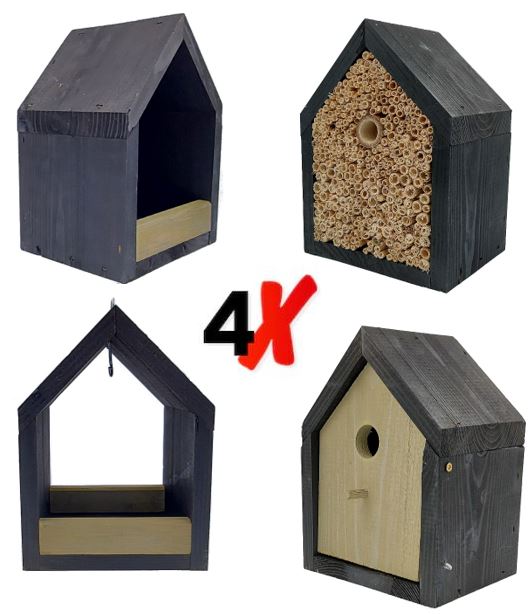Set van 4 – Vogelhuisje – Insectenhotel – 2x Vogelvoederhuisje